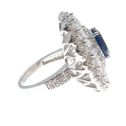 DSMK 925 Sterling Silver White & Blue Multi-C Z Cluster Statement Ring Size 7.25
