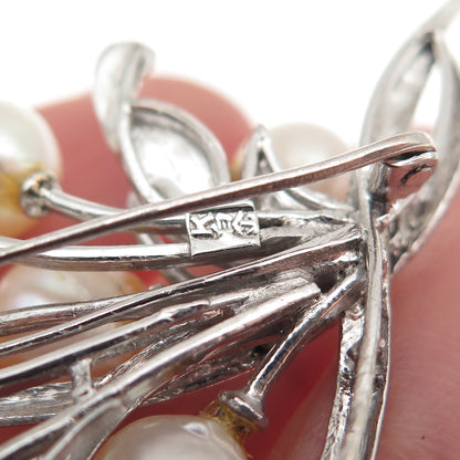 925 Sterling Silver Antique Japan Real Akoya Pearl Floral Pin Brooch