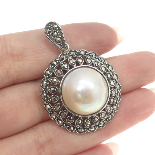 CHAPAL ZENRAY 925 Sterling Silver Vintage Real Pearl & Marcasite Gem Pendant