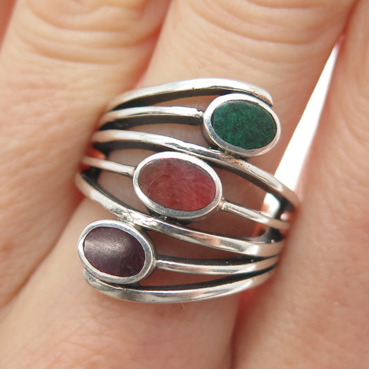 950 Silver Vintage Real Sugilite Coral & Chrysocolla Modernist Ring Size 7