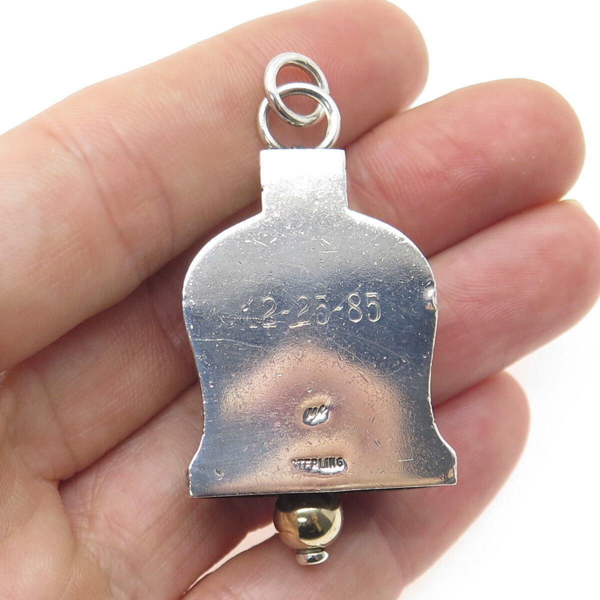 925 Sterling Silver 2-Tone Vintage Engraved Bell Pendant