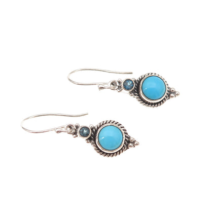 925 Sterling Silver Vintage Real Turquoise & London Blue Topaz Dangle Earrings