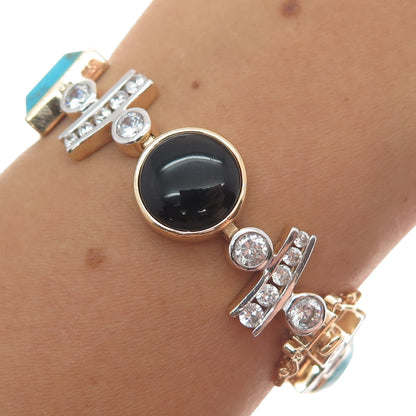 ROSS SIMONS 925 Sterling Silver 2-Tone Real Turquoise Onyx & C Z Bracelet 8"