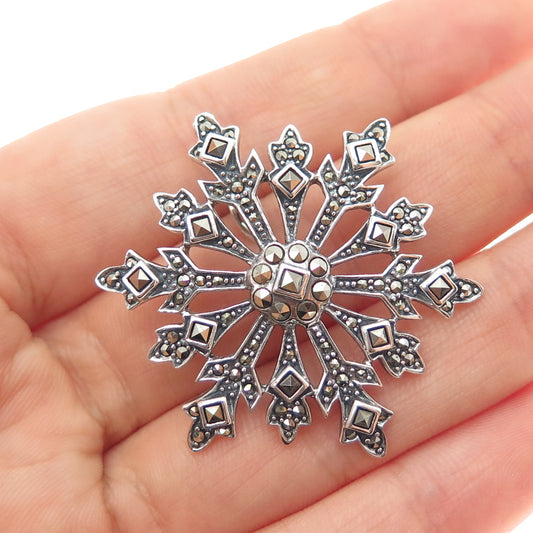 925 Sterling Silver Vintage Real Marcasite Snowflake Oxidized Pendant