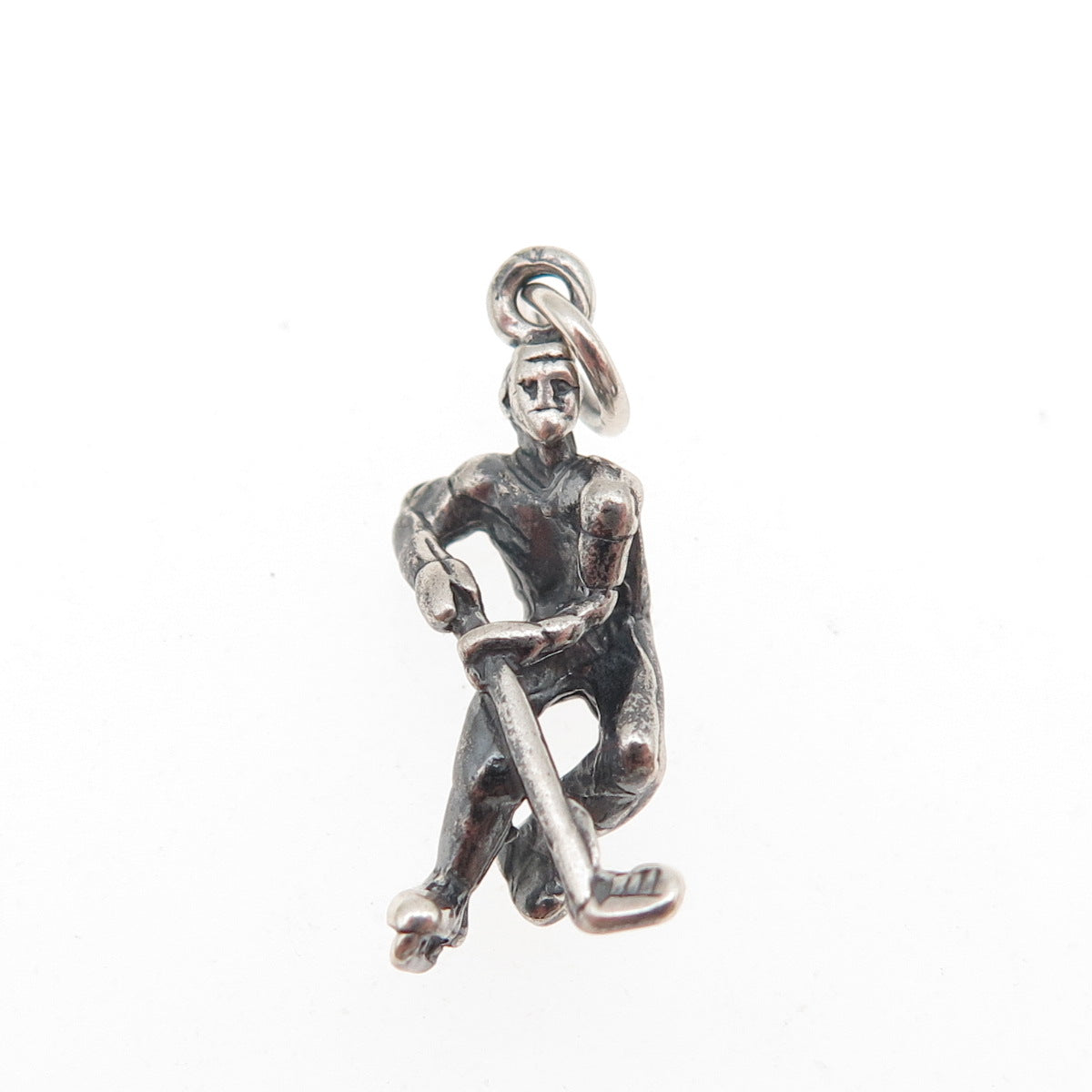 925 Sterling Silver Vintage Hockey Player Oxidized 3D Mini Charm Pendant