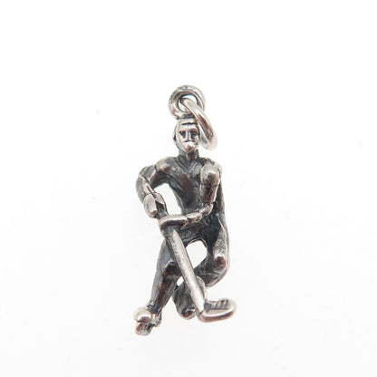 925 Sterling Silver Vintage Hockey Player Oxidized 3D Mini Charm Pendant