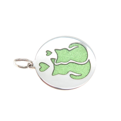 925 Sterling Silver Green Enamel Mom & Child Cat Heart Minimalist Charm Pendant