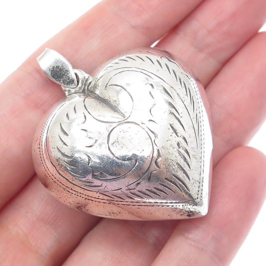 925 Sterling Silver Vintage Engraved Puffy Heart Pendant