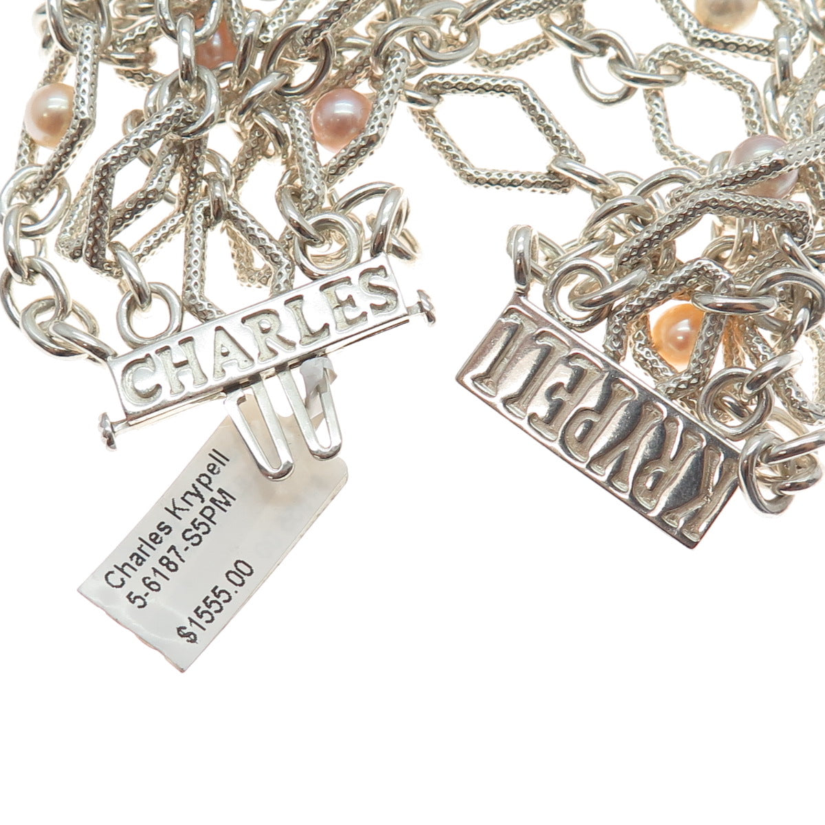 CHARLES KRYPELL 14K White Gold Sterling Silver Vintage Real Pearl Bracelet 6.5"