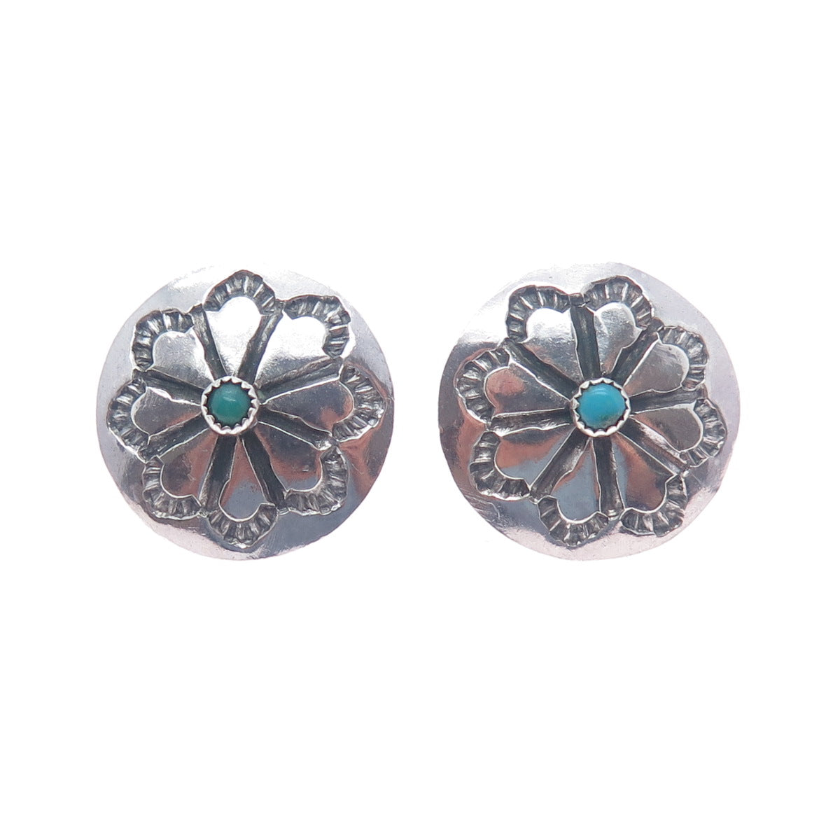 Old Pawn Sterling Silver Vintage Southwestern Turquoise Flower Concho Earrings