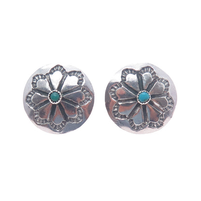Old Pawn Sterling Silver Vintage Southwestern Turquoise Flower Concho Earrings