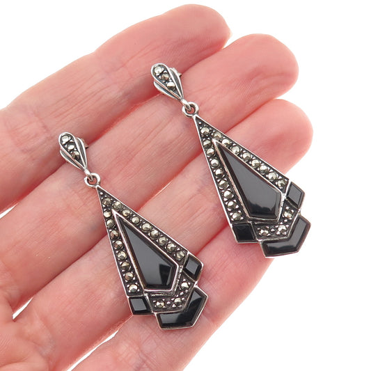 925 Sterling Silver Vintage Real Black Onyx & Marcasite Oxidized Dangle Earrings