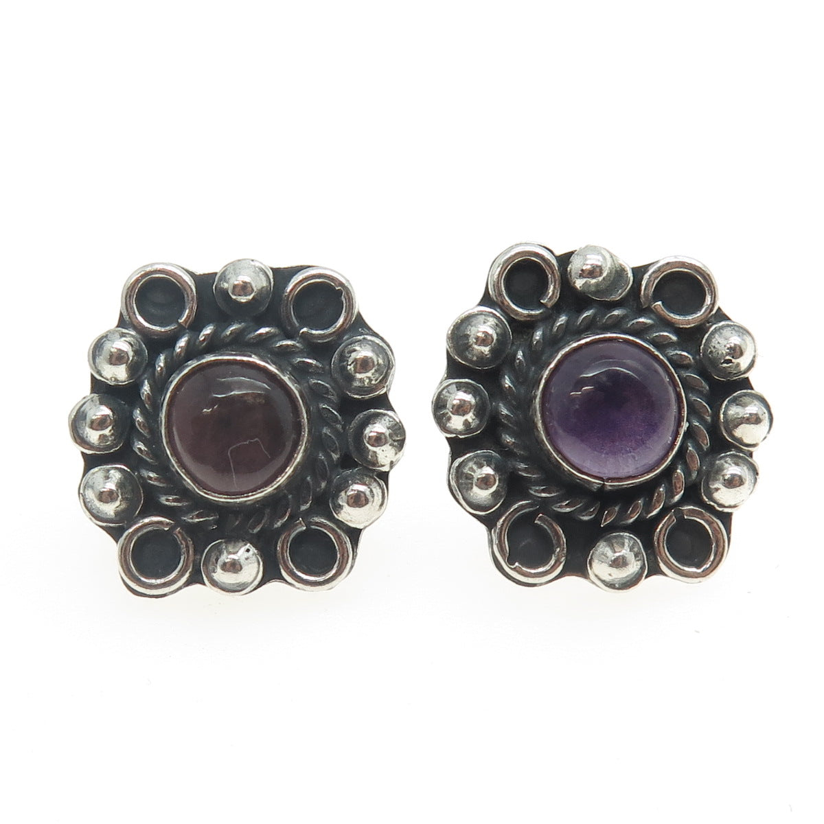 925 Sterling Silver Vintage Mexico Real Amethyst Floral Beaded Earrings