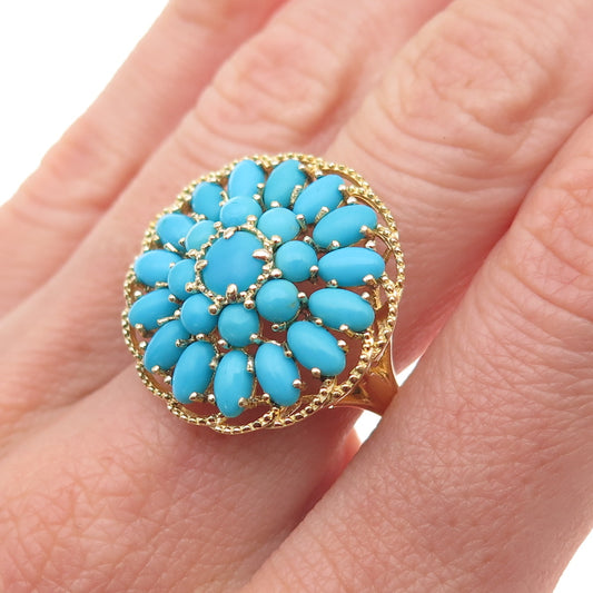 925 Sterling Silver Gold Plated Real Turquoise Floral Cluster Ring Size 9.25