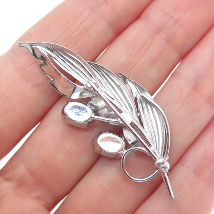 TRU-KAY Sterling Silver Antique Art Deco Blue Rhinestone Floral Leaf Pin Brooch