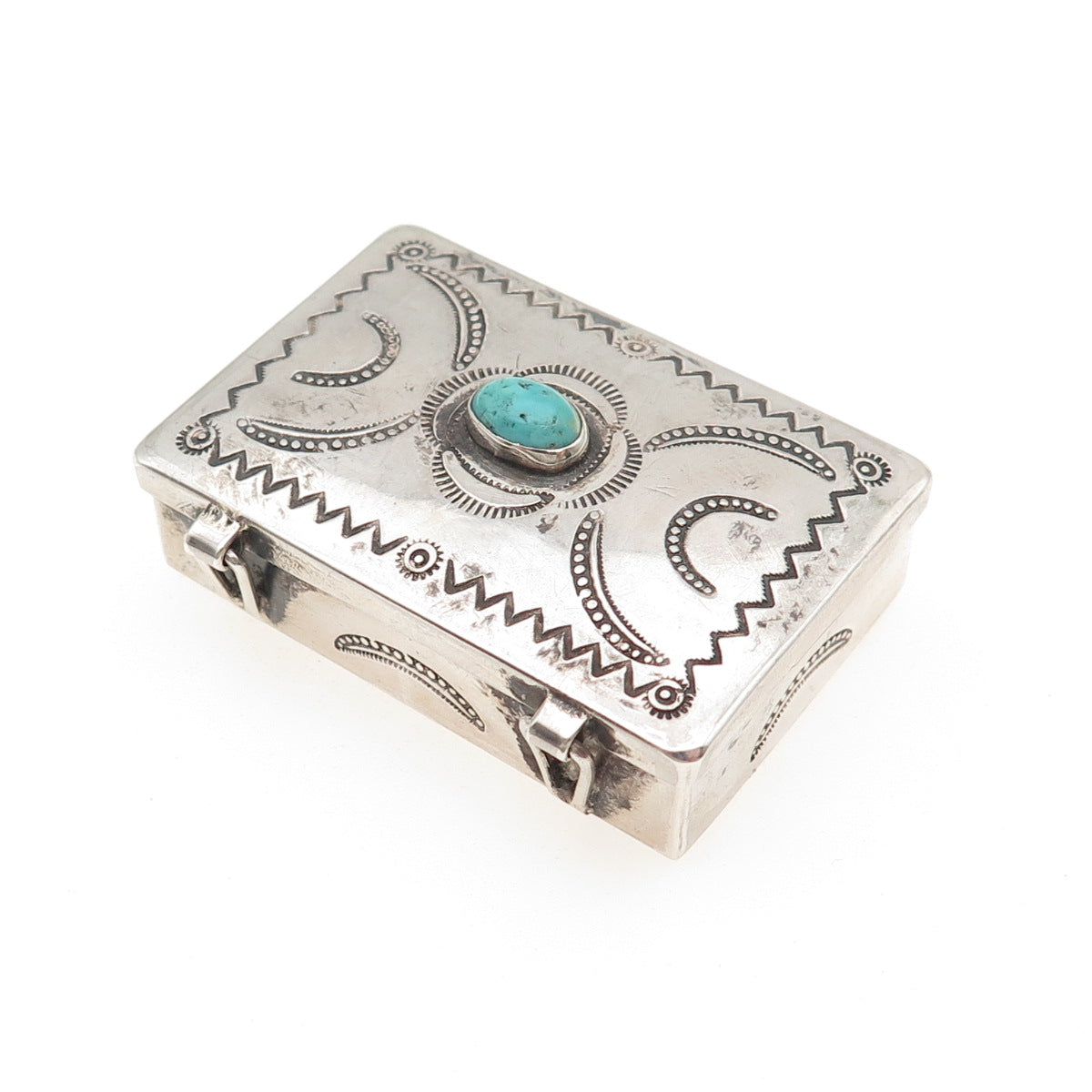 Wayne Etsitty Navajo Old Pawn Sterling Silver Vintage Turquoise Pill / Snuff Box