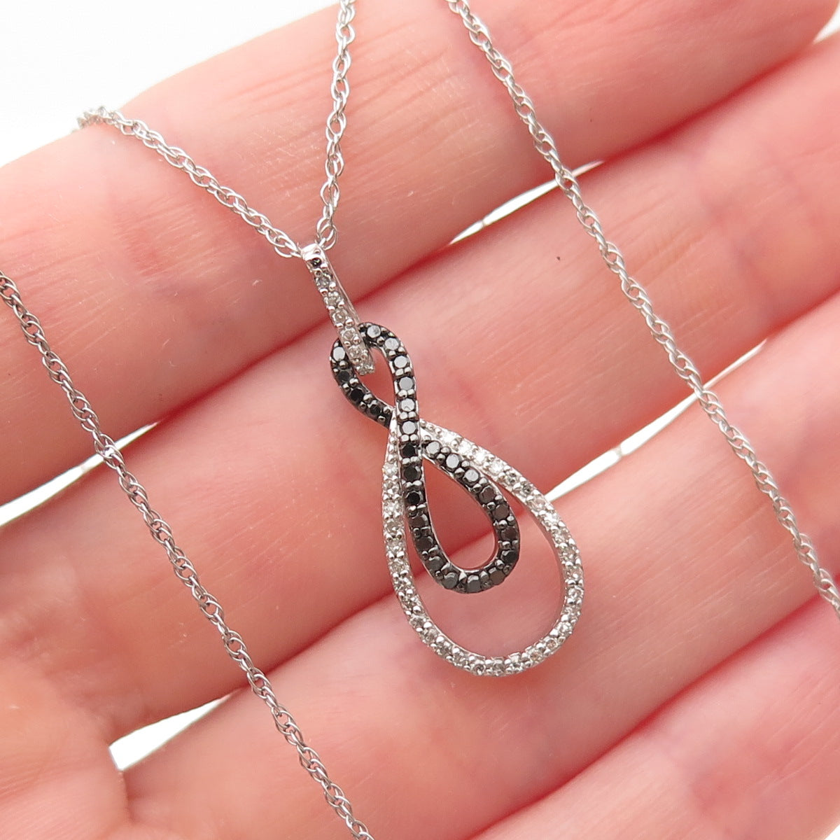 Sun 925 Sterling Silver Real Black & White Diamond Infinity Chain Necklace 18"