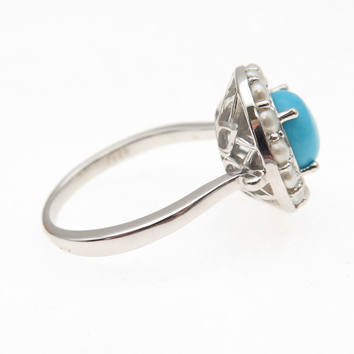925 Sterling Silver Real Sleeping Beauty Turquoise & Pearl Ring Size 8.25