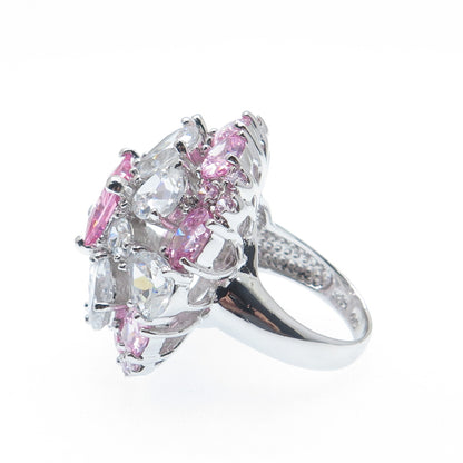 925 Sterling Silver White & Pink C Z Wide Domed Ring Size 8.25