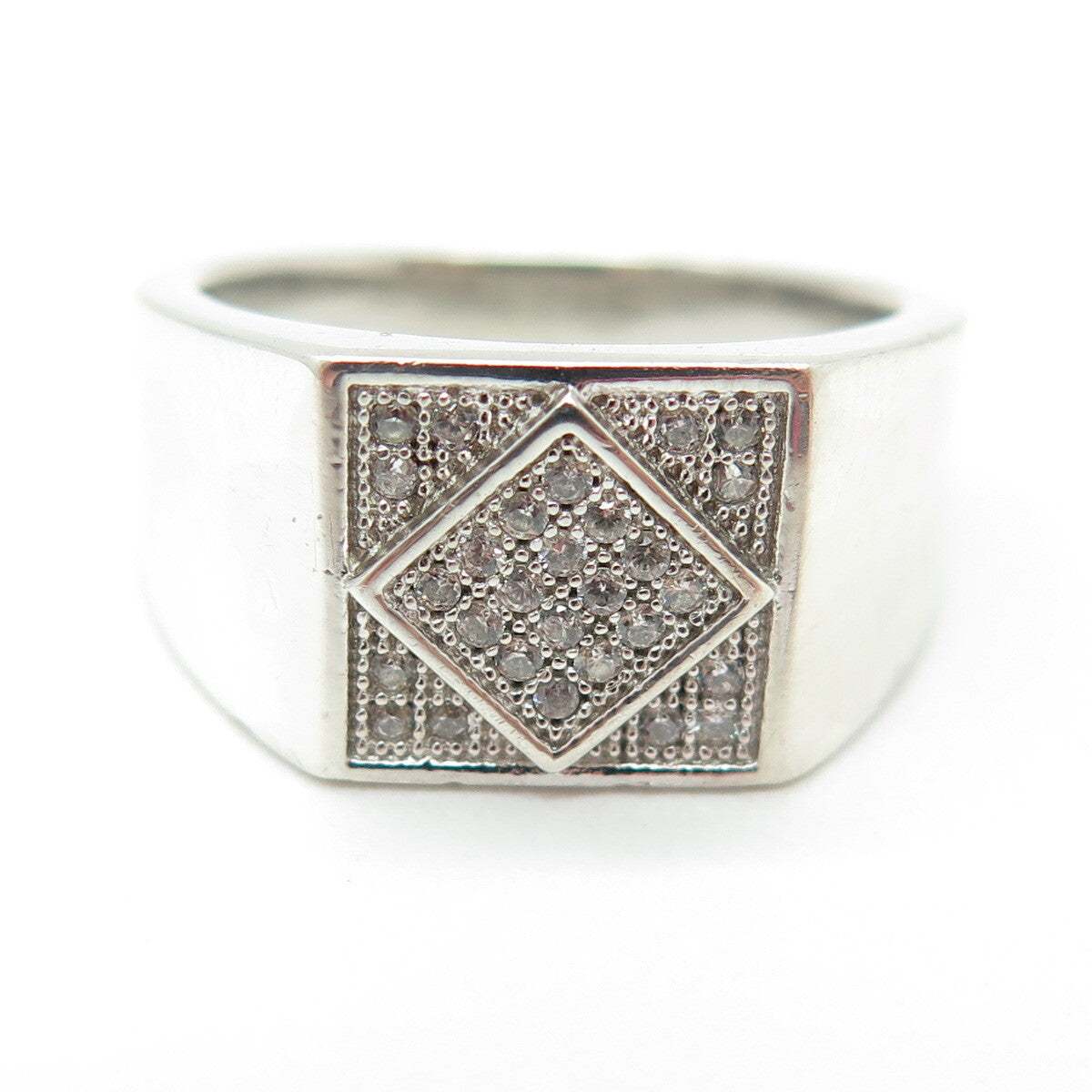 REL 925 Sterling Silver Round-Cut Shaped C Z Signet Ring Size 8.25
