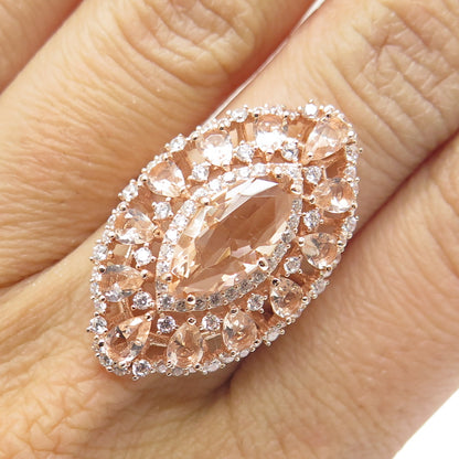 DSMK 925 Sterling Silver Gold Plated Morganite Gem C Z Statement Ring Size 7.25