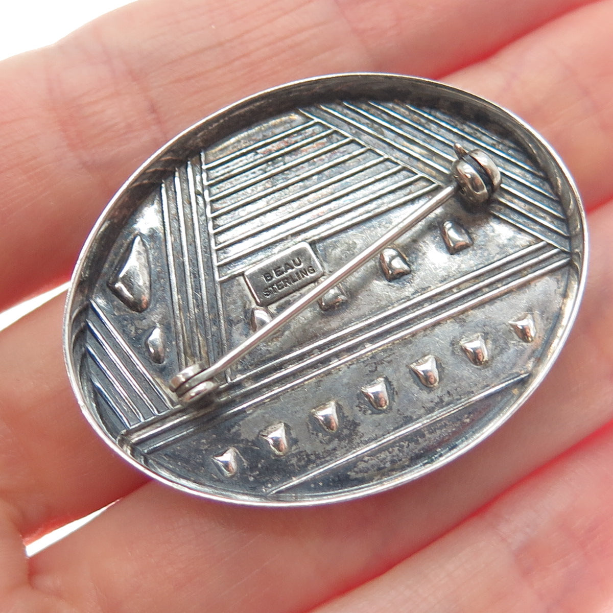 BEAU 925 Sterling Silver Vintage Ethnic Oxidized Pin Brooch
