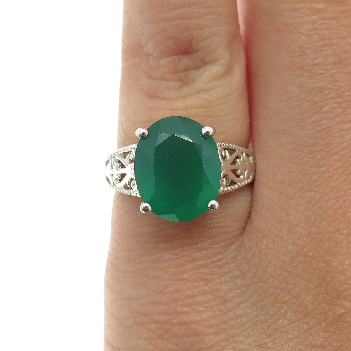 D'JOY 925 Sterling Silver Real Green Chalcedony Ring Size 5