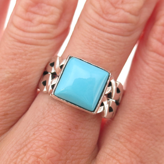 925 Sterling Silver Vintage Real Sleeping Beauty Turquoise Woven Ring Size 9.25