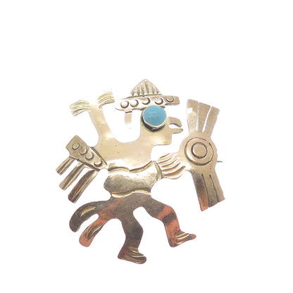 925 Sterling Silver & 18K Gold Vintage Real Turquoise Mayan Warrior Pin Pendant