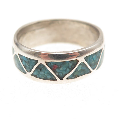 Old Pawn 925 Sterling Silver Vintage Turquoise Inlay Tribal Band Ring Size 9.75