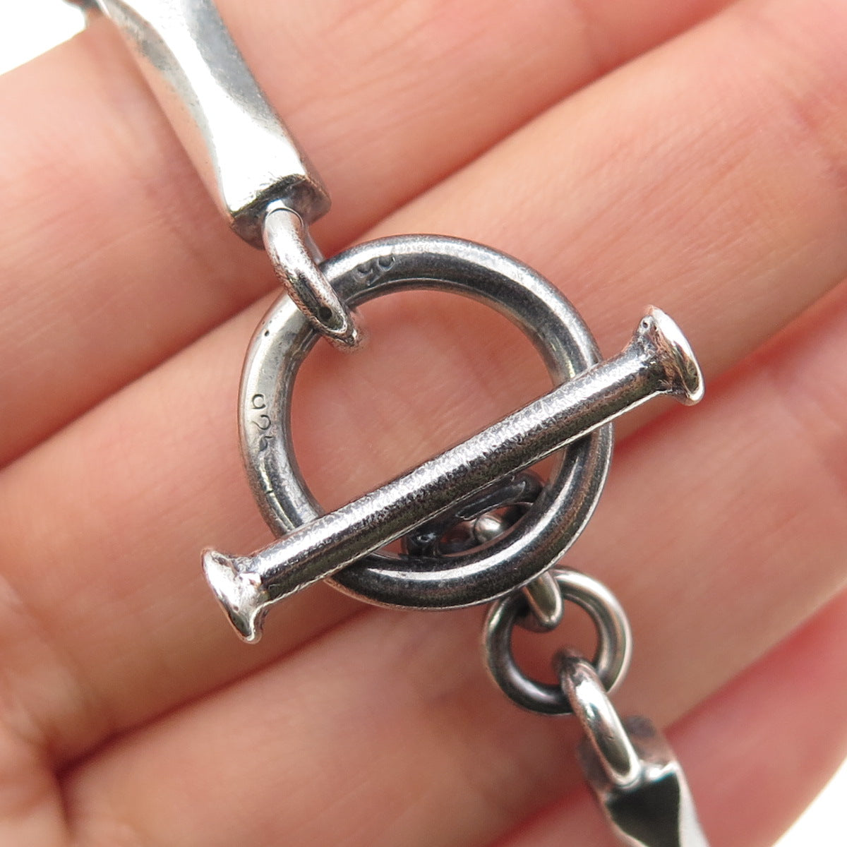 925 Sterling Silver Vintage Modernist Bar Link Oxidized Bracelet 8"