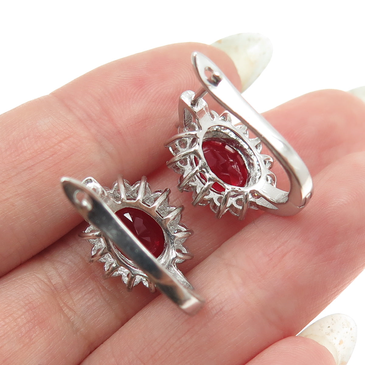 925 Sterling Silver Oval & Round-Cut Red & White C Z Floral Earrings