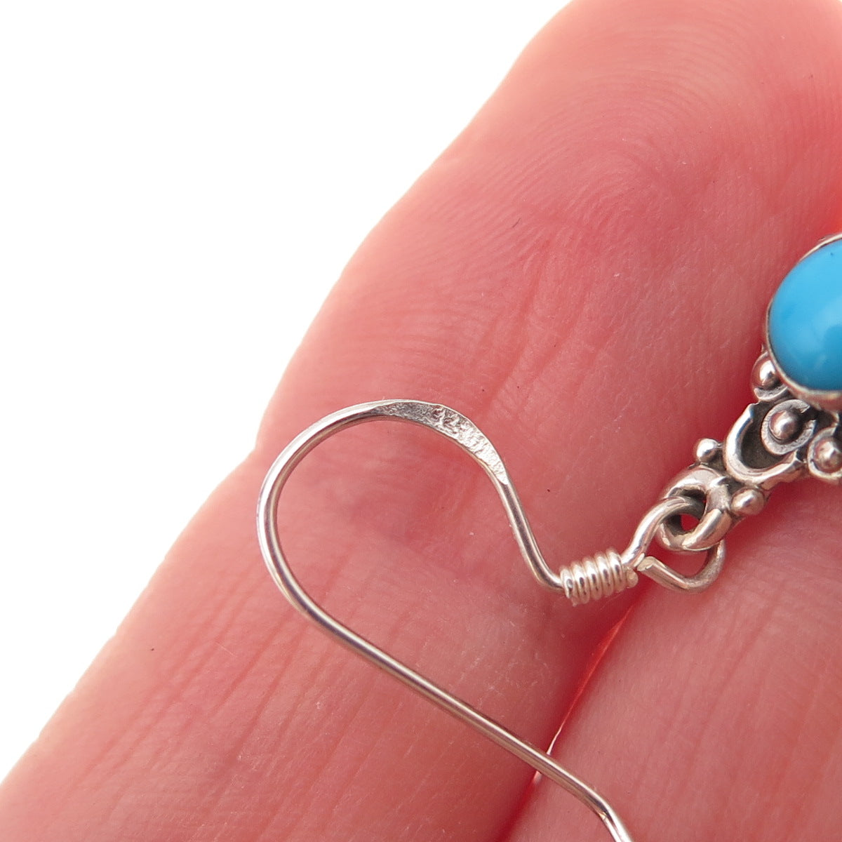 925 Sterling Silver Vintage Real Turquoise Beaded Oxidized Dangle Earrings