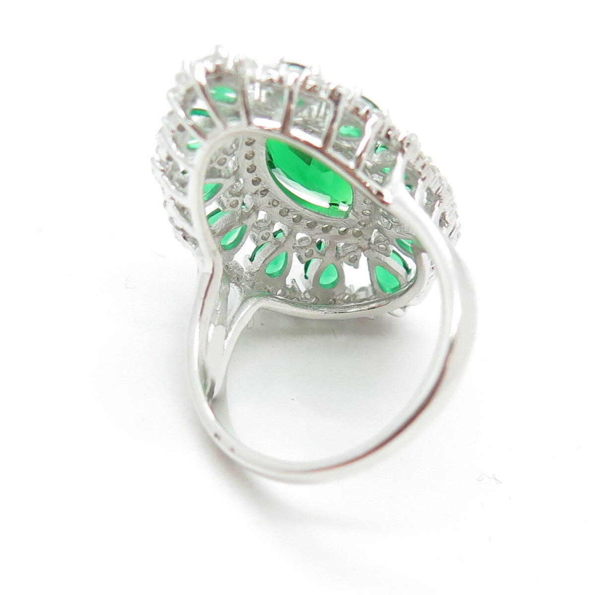 DSMK 925 Sterling Silver Marquise & Pear-Cut Nano Emerald & C Z Ring Size 7