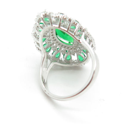 DSMK 925 Sterling Silver Marquise & Pear-Cut Nano Emerald & C Z Ring Size 7