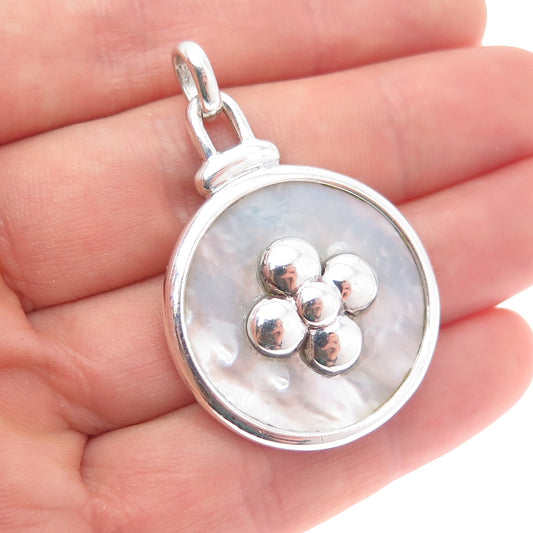 925 Sterling Silver Vintage Real MOP Flower Modernist Disc Pendant