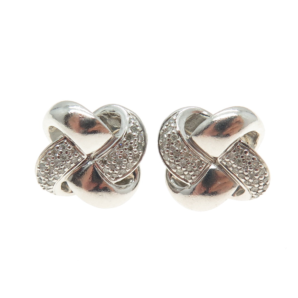 925 Sterling Silver Real Round-Cut Diamond Twisted Knot Earrings