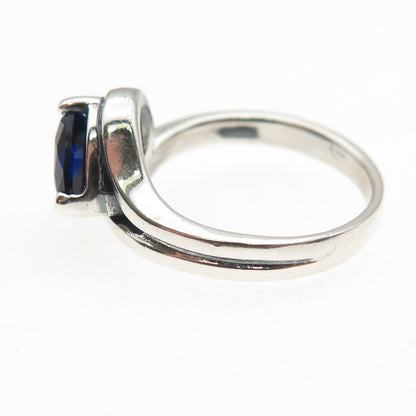 925 Sterling Silver Vintage Pear-Cut Blue C Z Modernist Oxidized Ring Size 6
