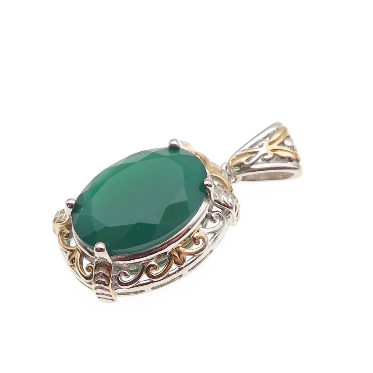 Chuck Clemency & Karis 2-Tone Real Green Onyx Floral Pendant