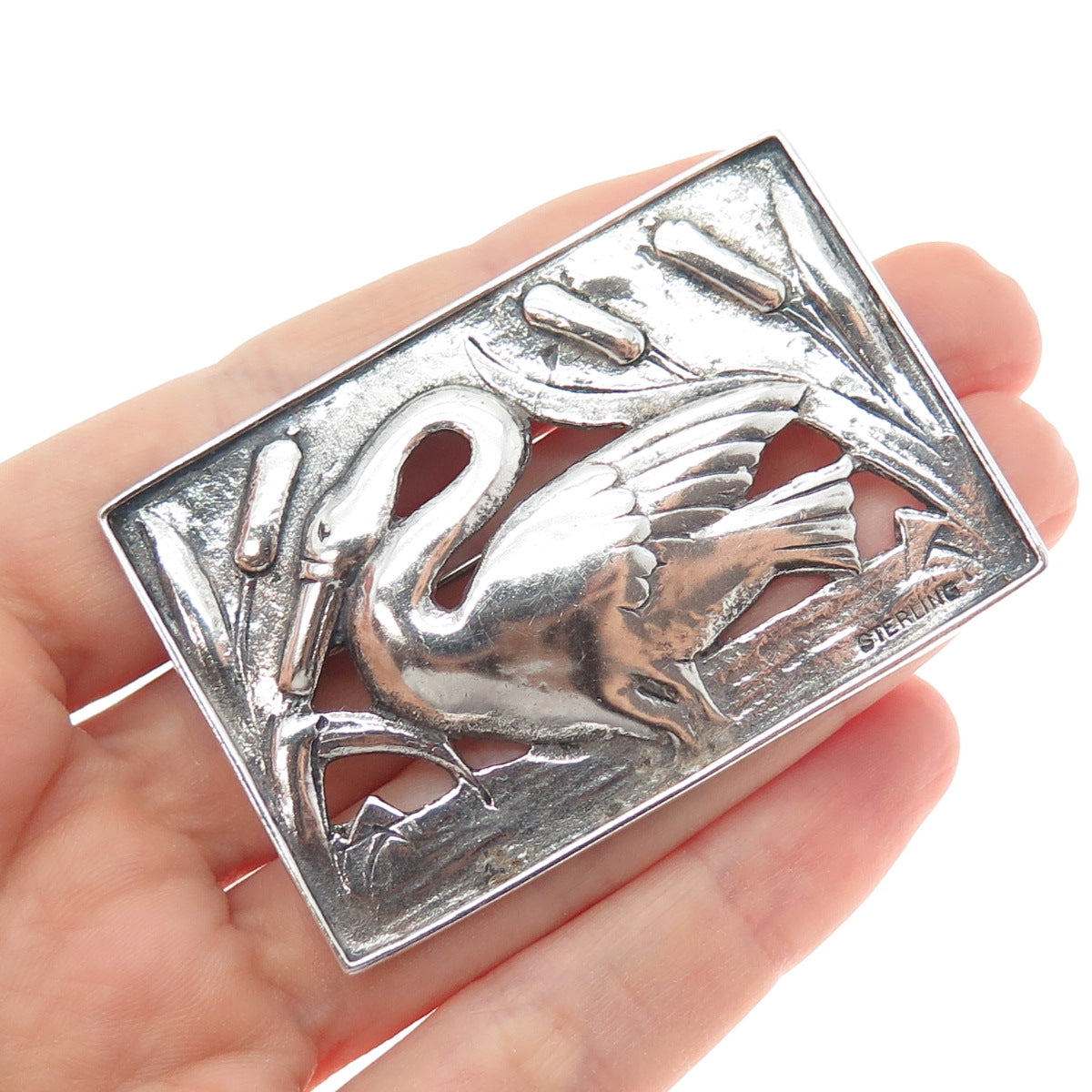 925 Sterling Silver Vintage Swan Bird Oxidized Pin Brooch