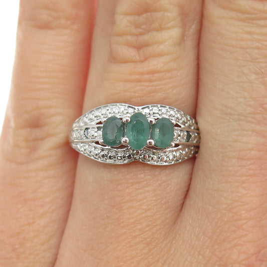 CHUCK CLEMENCY 925 Sterling Silver Real Blue Diamond & Emerald Ring Size 6