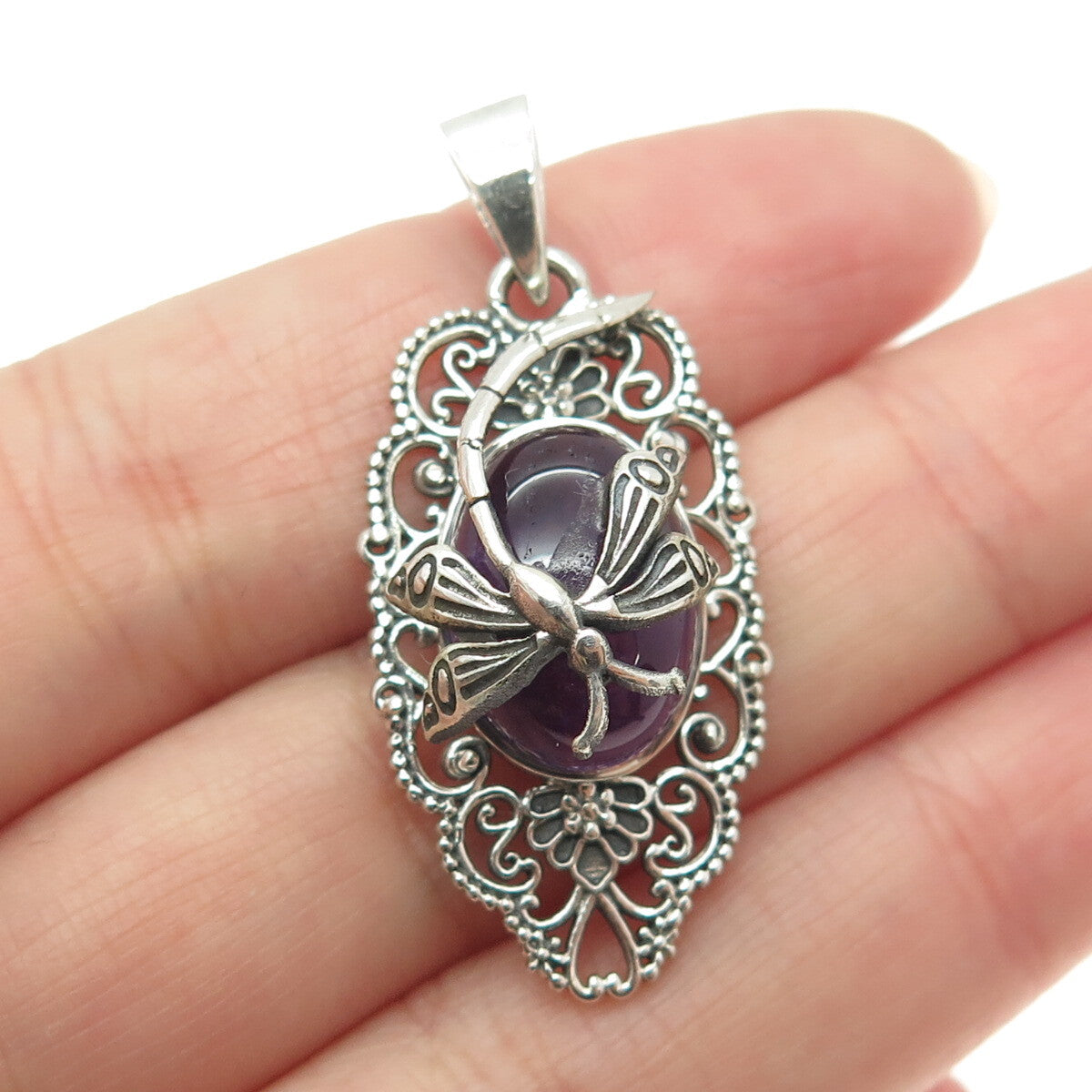 925 Sterling Silver Vintage Real Amethyst Dragonfly Oxidized Pendant