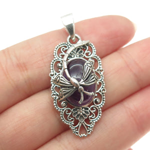 925 Sterling Silver Vintage Real Amethyst Dragonfly Oxidized Pendant