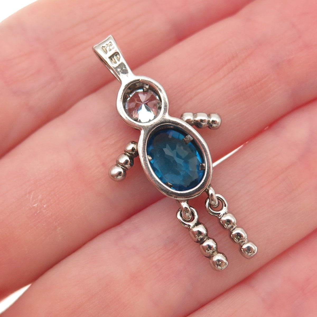925 Sterling Silver Blue & White C Z Boy March Birthstone Articulated Pendant