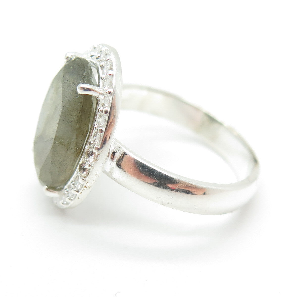 FRANK AHM 925 Sterling Silver Real Oval-Cut Labradorite & C Z Ring Size 7.75