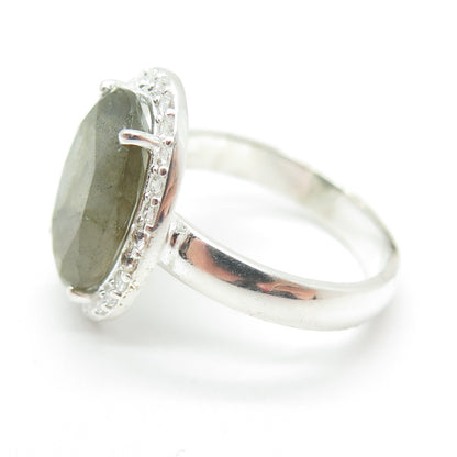 FRANK AHM 925 Sterling Silver Real Oval-Cut Labradorite & C Z Ring Size 7.75