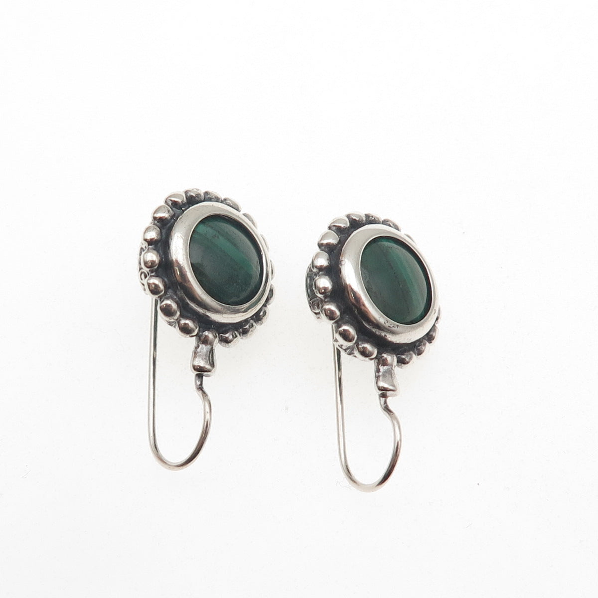 925 Sterling Silver Vintage Real Malachite Beaded Oxidized Dangle Earrings