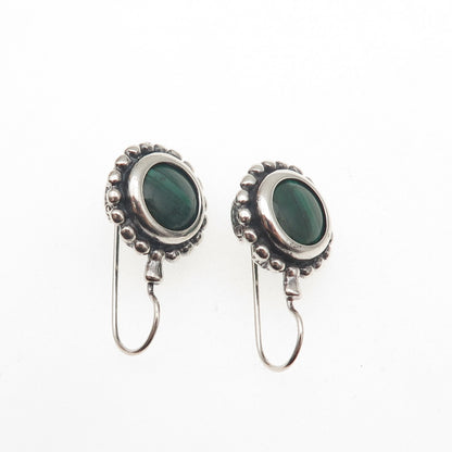 925 Sterling Silver Vintage Real Malachite Beaded Oxidized Dangle Earrings