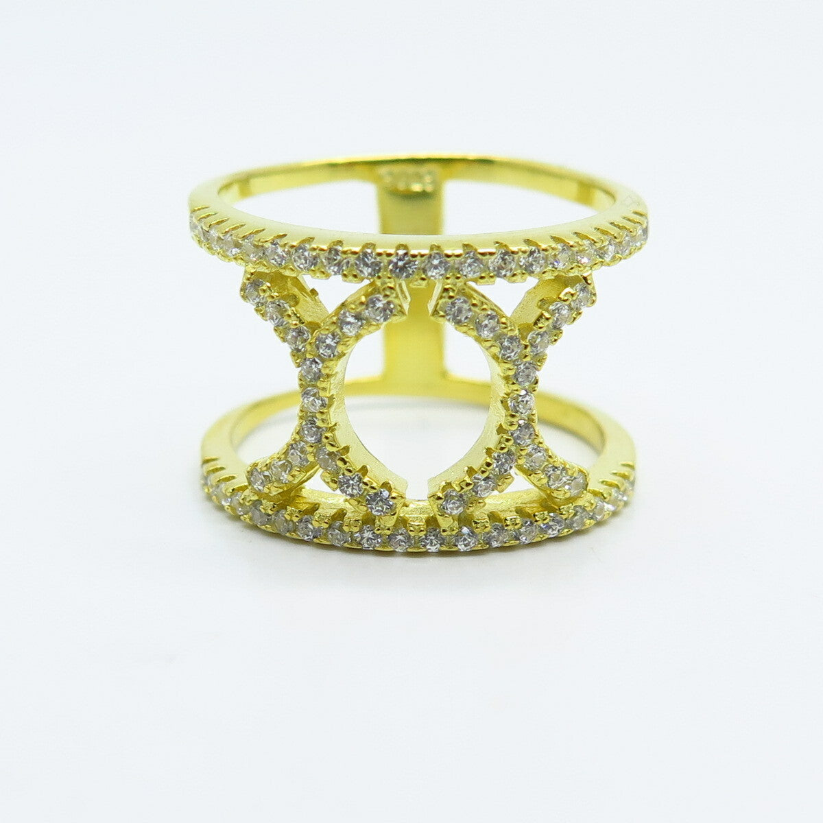 925 Sterling Silver Gold Plated C Z Wide Band Ring Size 6.25