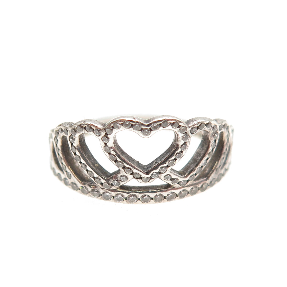PANDORA 925 Sterling Silver Round-Cut C Z Hearts Tiara Ring Size 6
